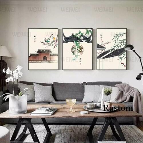 Canvas Wall Art Tranditional Chinese Posters and Prints Retro Decor Vintage Landscape Paintings for Interior Frameless