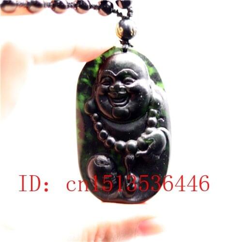 Chinese Black Green Jade Maitreya Buddha Pendant Natural Hand Carving Necklace Fashion Amulet Luck Gifts Men Sweater Chain