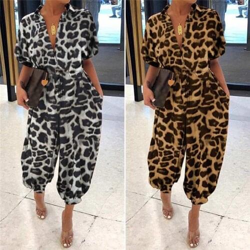 Plus Size Summer Romper Women Sexy Leopard Print Retro Jumpsuits Short Sleeve Casual Loose Buttons Cargo Pants Overalls