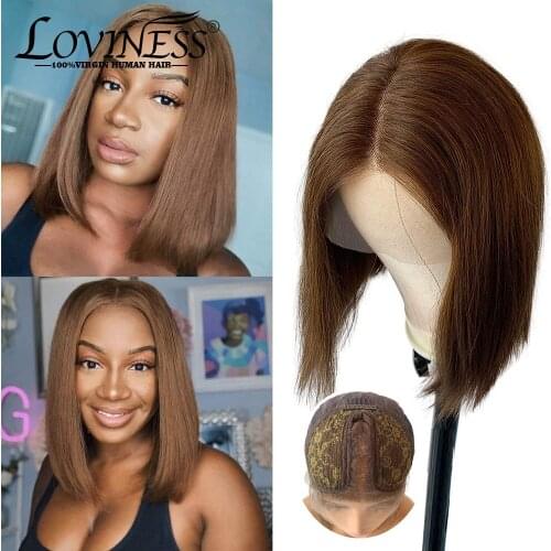 Brown Lace Wigs Straight Short BOB Hair Remy Hair 13x1 T Part Lace Front Human Hair Wigs Blunt Cut Hair Wig With Baby Hair