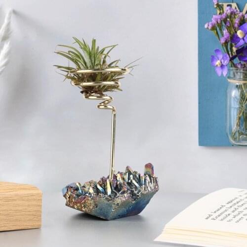 TUMBEELLUWA Plant Stand Holder Natural Rock Quartz Cluster Electroplating Color Crystal Base Garden Home Decoration Ornaments