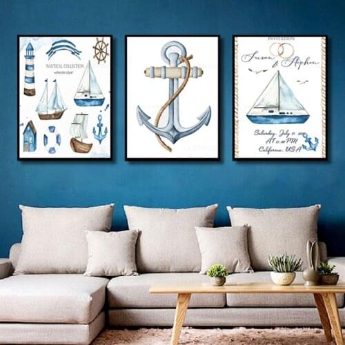 Catoom Watercolor Ship Lighthouse Anchor Nordic Poster Childrens Room Decoration Canvas Painting Wall Art Pictures for Nursery