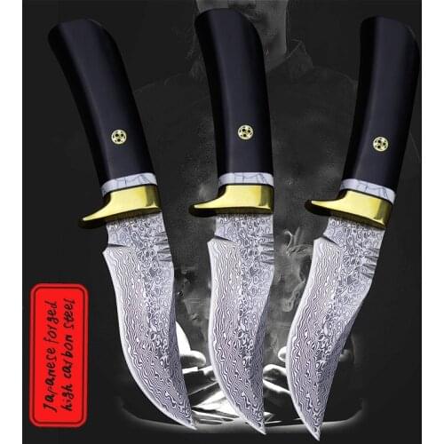 Damascus steel ebony handle straight knife, Japanese outdoor knife, fishing kill knife, tactical straight knife hunting knife