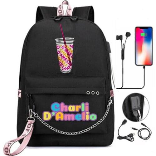 Charli Damelio Backpack Teenager Boys Girls USB Charge School Bag Women Pink Laptop Bagpack Men Travel Bagpack Bookbag Mochila