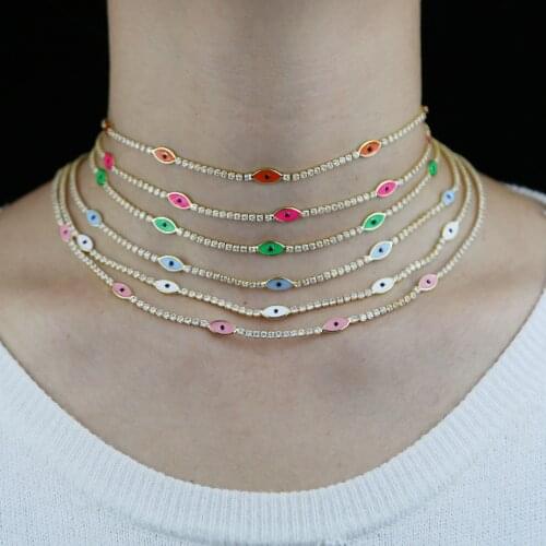 Lucky Cute Lovely Colorful Evil Eye Chain Cz Tennis Chain Gold Color Fashion Choker Necklace