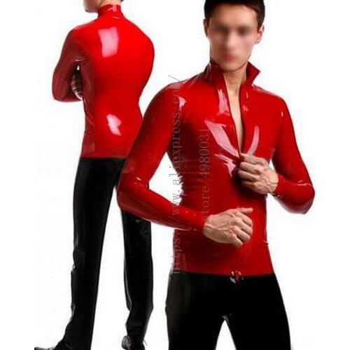 Sexy 100% handmade mens latex tops tight coat with front zip decoration in red color