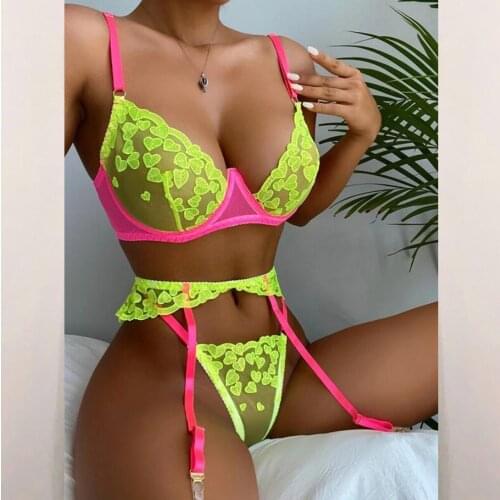 Sexy Embroidery Lace Underwear Set Fashion Contrast Color Sexy Lingerie Hot Erotic Bra Thong Garter Womens Sets Lingerie Sensual