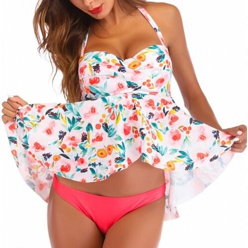 Sexy Women' s Halter Two Pieces Swimsuit Tankini Swim Dress with Shorts Swimwear Floral Print Bathing Suit Beachwear S M L XL