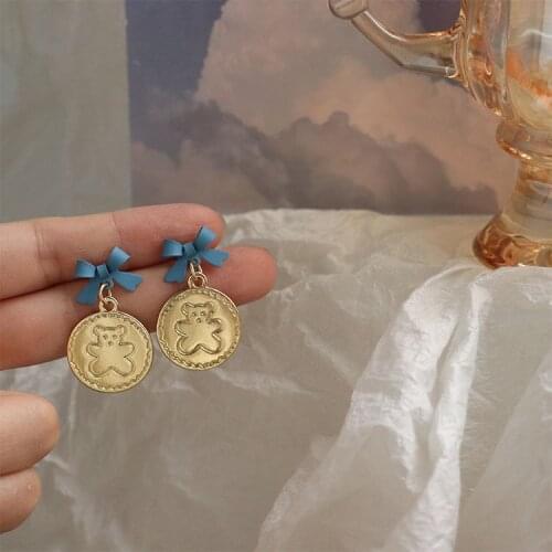 2021 new fashion silver needle haze blue bow bear temperament earrings long pendant Korean temperament earrings women