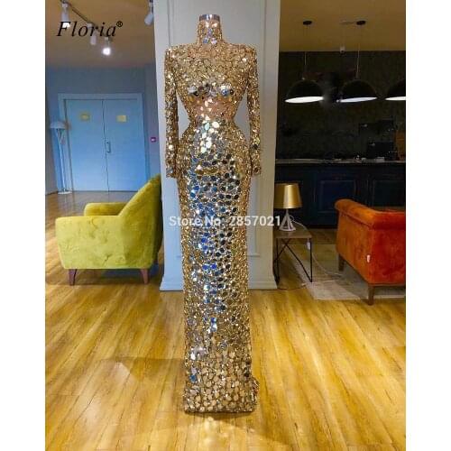 Gold Formal Evening Dresses Long Sleeves Handmade sewing Evening Gowns Shiny Prom Dresses Women Couture Robe De Soiree Custom