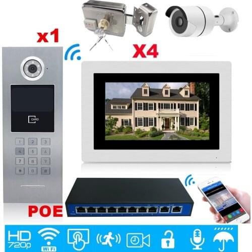 WiFi IP Video Door Phone Video Intercom Mobile App 4 Apartments Home Access Control System+IP Camera+Electronic Locks+POE Switch