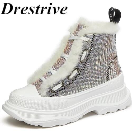 Drestrive Women Snow Boots Wool Round Toe Cross Tied Flats Platform 2020 Winter Casual Shoes Ankle Boots Bling Black Fur