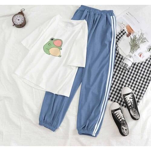2 Piece Sets Womens Outfits Summer Cartoon 2 Piece Suit Kawaii Frog Korean Style Top and Pant Set Sweatpants Tracksuits Women