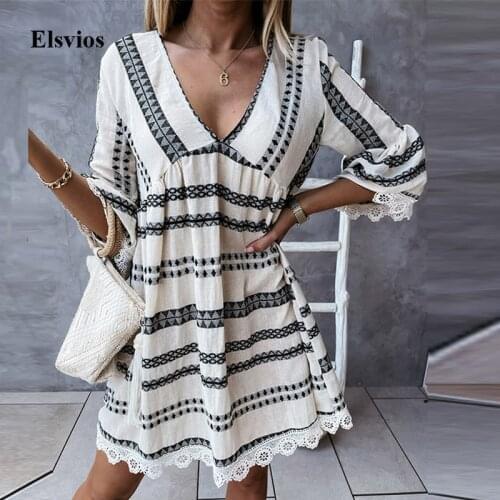Elegant Vintage Print A-Line Loose Dress Women Summer V Neck Beach Party Dress Spring Patchwork Lace Flare Sleeve Dress Vestidos