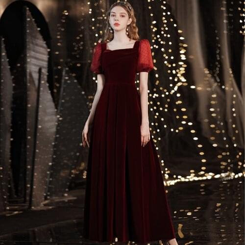 Evening Dress Burgundy Square Collar Short Sleeves Lace Up A-Line Empire Simple New Foor-Length Woman Formal Party Gowns A1467