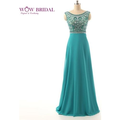 Wowbridal Elegant Taffeta Evening Dress 2021 Boat Neck Crystal Embroidery Beaded Sash Open V-Back A-Line Sweep Train Formal Gown