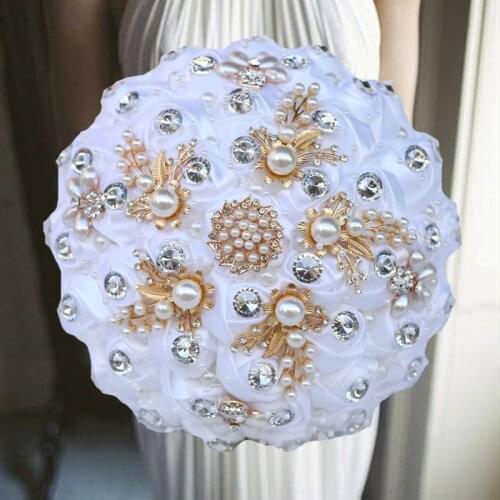 1pc/lot white wedding bride holding flowers artificial bouquet ribbon rhinestone pearl bouquet decoration