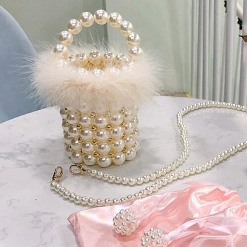 2020 handbags And purses new pearl bag casual trend bucket bag shoulder messenger chain imitation pearl fox fur bag
