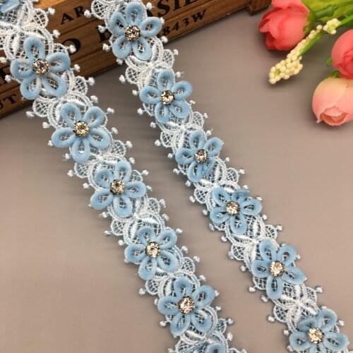 1 yard Blue Lace Ribbon Rhinestones 3D Flower Embroidered Elastic Lace Trim Applique Fabric DIY Wedding Dress Hat Sewing Craft