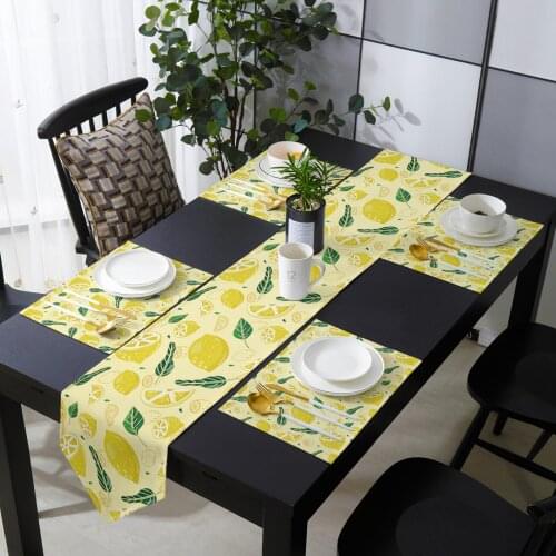 Lemon Pattern Table Runner Set Cotton Linen Table Runners Tablecloth Dining Table Mat Home Wedding Table Decoration