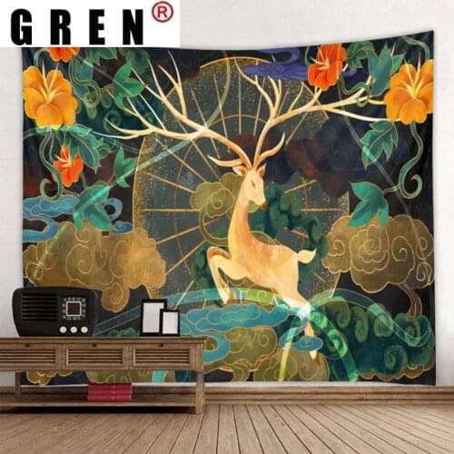 GREN Tapestry Hanging Cartoon Deer Natural Landscape Rugs Background Cloth Beach Mat Blanket Art Bedroom Living Home Decor