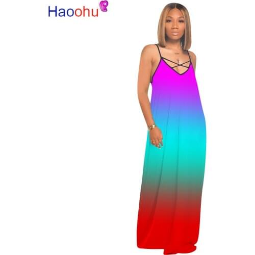 HAOOHU women sexy gradient tie dye print sleeveless high waist lace up spaghetti strap maxi dress party beach slim long dresses