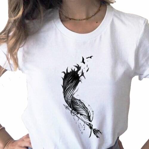 Summer 2021 New Feather print ladies T-shirt Womens casual basis O-collar white shirt short sleeve ladies T-shirt,Drop Ship