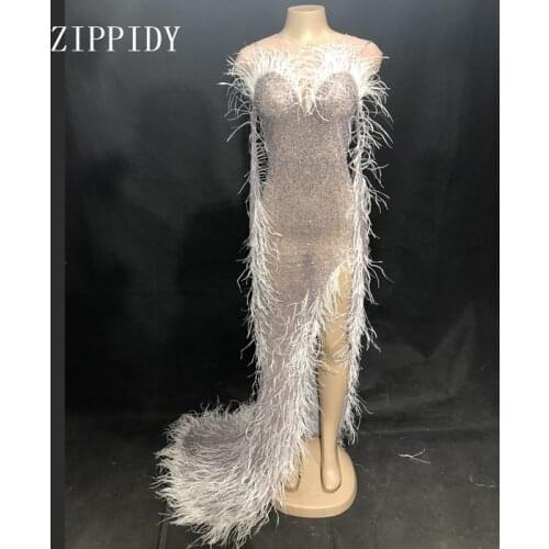 Fashion White Feather Mesh Dress Birthday Celebrate See Through Transparent Costume Net Evening Costume Dress