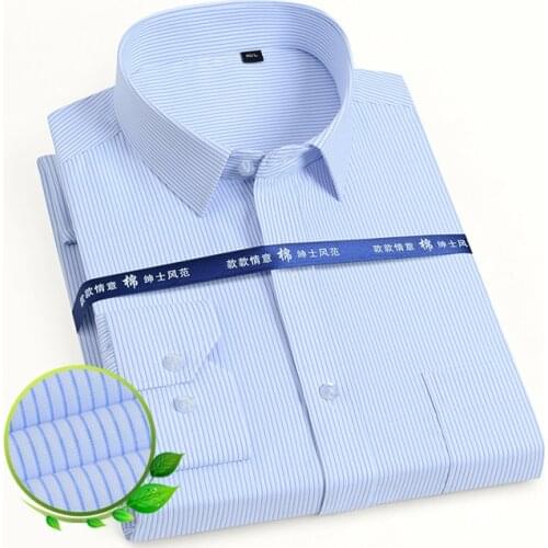 Mens Office Social Shirt Classic Long Sleeve Solid/striped Basic Dress Shirts Single Patch Pocket Formal Business Standard-Fit