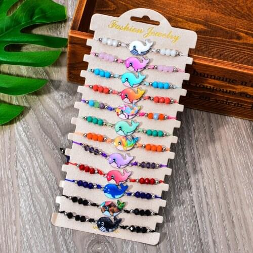 Handmade Braid Rope Chain Bracelet Set Enamel Ocean Dolphin Charms Crystal Beads Bracelets for Women Ethnic Jewelry 12pcs/Set