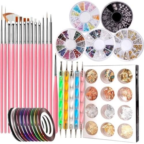 Nail Kit Nail Art Tool with 15pcs Nail Painting Brushes Nail Dotting Tool Nail Foil Manicure Tape Color Rhinestones for Nails