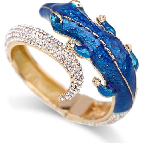 New Fashion Statement Crocodile Golden Bangle Cuff Bracelet Antique Gold Plated Rhinestone Animal Bracelet for Women Pulseira