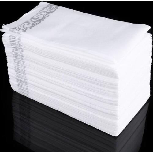 Disposable Linen-Feel Guest Towels - Decorative White Hand Towels, Silver Floral Cloth-Like Paper Napkins