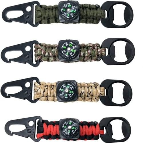Outdoor Keychain Ring Camping Carabiner Paracord Cord Rope Survival Emergency Snap Clip Knot Bottle Opener Tools with Compass