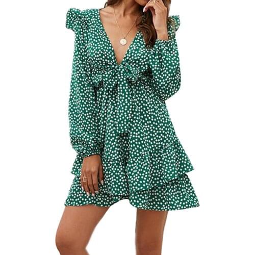 Summer Floral Print Boho Dress Elegant Deep V-Neck Long Puff Sleeve Dress Ruffles Mini Bandage Vestidos vestido de mujer Holiday