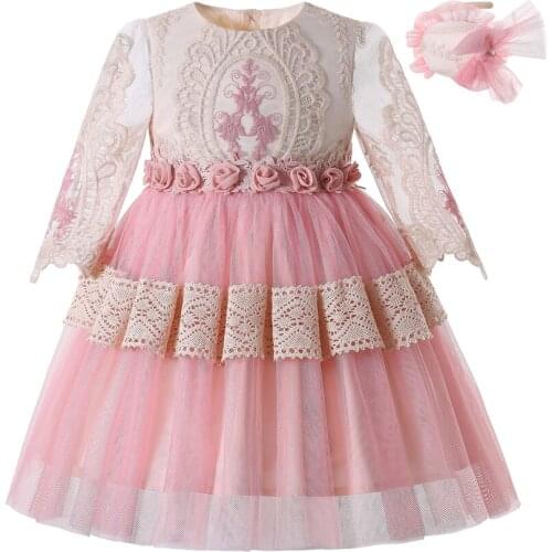 Pettigirl Sweet Tutu Girl Dress O-Neck Pink Tulle Flower Girl Dress with Matching Headband