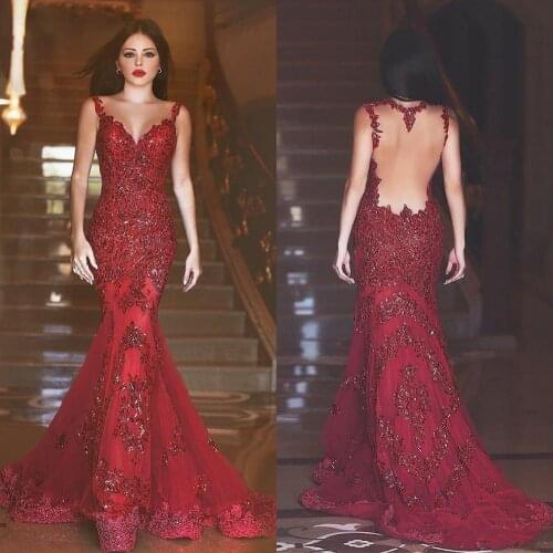 Burgundy Luxury Mermaid Evening Dresses Sleeveless Red Arabic Prom Gown Sweetheart Applique Sequin Dubai Wedding Party Dress New