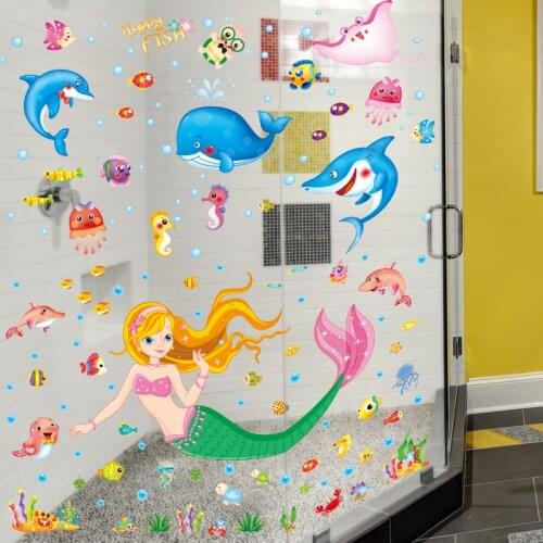 [shijuekongjian] Cartoon Fish Wall Stickers DIY Girl Mermaid Wall Decals for Kids Rooms Baby Bedroom Bathroom House Decoration