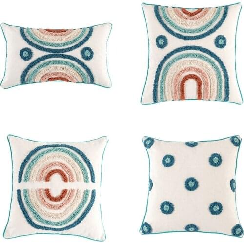 Woven Tufted Boho Throw Pillow Cover Morocco Decorative Rainbow Pattern Cushion Case Farmhouse Pillowcase for Couch Sofa Bedroom