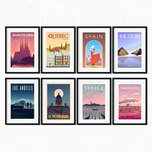 Vintage Travel City Landscape Nordic Poster Spain Russia Tanzania Venice New Zealand Canvas Painting Wall Art Picture Home Decor