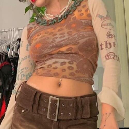 Women Fashion Sexy See Through Long Sleeve Round Neck Stylish Letters Leopard Print Short Crop Tops Casual Mesh T Shirt 2021