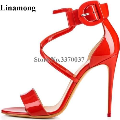 Newest Women Fashion Open Toe Red Patent Leather Strap Cross Stiletto Heel Sandals Ankle Strap High Heel Sandals Wedding Shoes