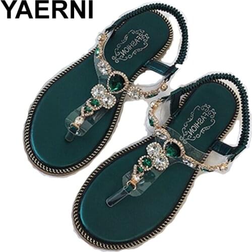 YAERNI2019 Feminine Elastic Band Thong Sandals Flipflops Flats Rhinestone Shoes Summer OpenToe Sewing Black Blue Plus SizeE847-1
