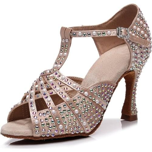 Woman Rhinestone Latin Ballroom Black White Dance Shoes Girl T-strap Pearl Salsa Dance Sandals for Lady Soft Btoom Latino Shoes