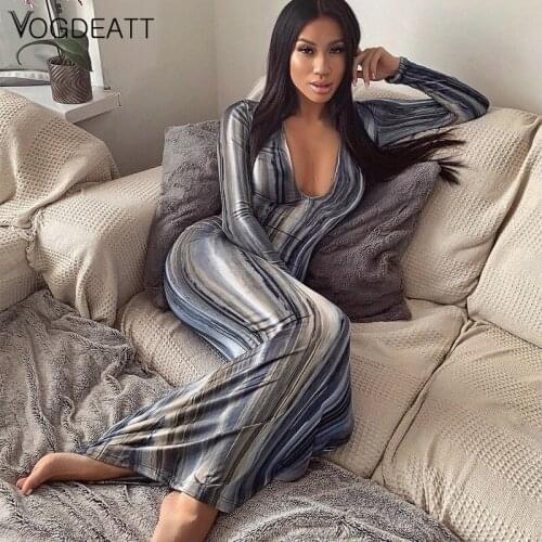 Womens Deep V-neck Printed Long Dress 2020 Spring Sexy Temperament Dress New Long-sleeved Party Club Wear Vestidos