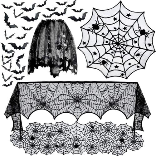 5pack Halloween Decorations Tablecloth Table Runner Black Lace Round Spider Cobweb Dinning Table Cover Halloween Party