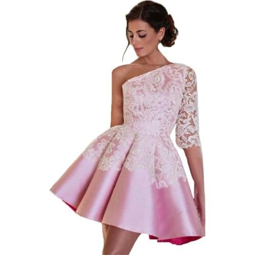 Promotion Maid of Honer White Appliques One shoulder with half sleeves wedding Guest dress Homecoming Cocktail Party Dress short