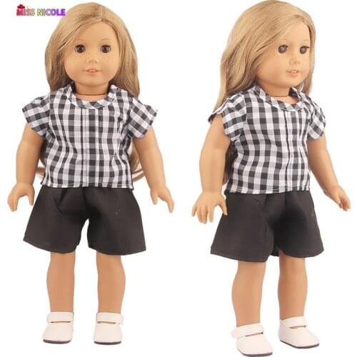 Toy Accessories Doll Clothes Black and White Check Short Sleeves and Black Pants For 18 inch American Doll Clothes
