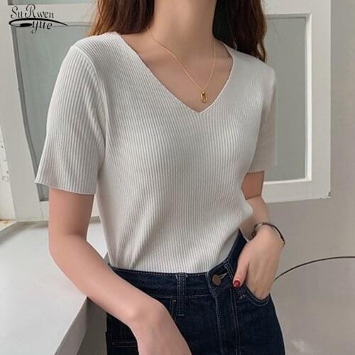 Short Sleeve Silm Summer Blouse for Women 2021 V-Neck Plus Size White Tee Woman Shirts Knitted Casual Tops Blusas Women 13436