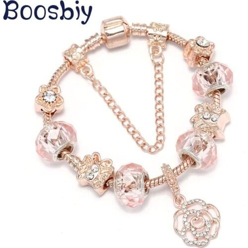Boosbiy High Quality Charm Bracelet With Crystal Rose Flower Charms Beads Fits Brand Bracelet for Women Valentines Day Gift